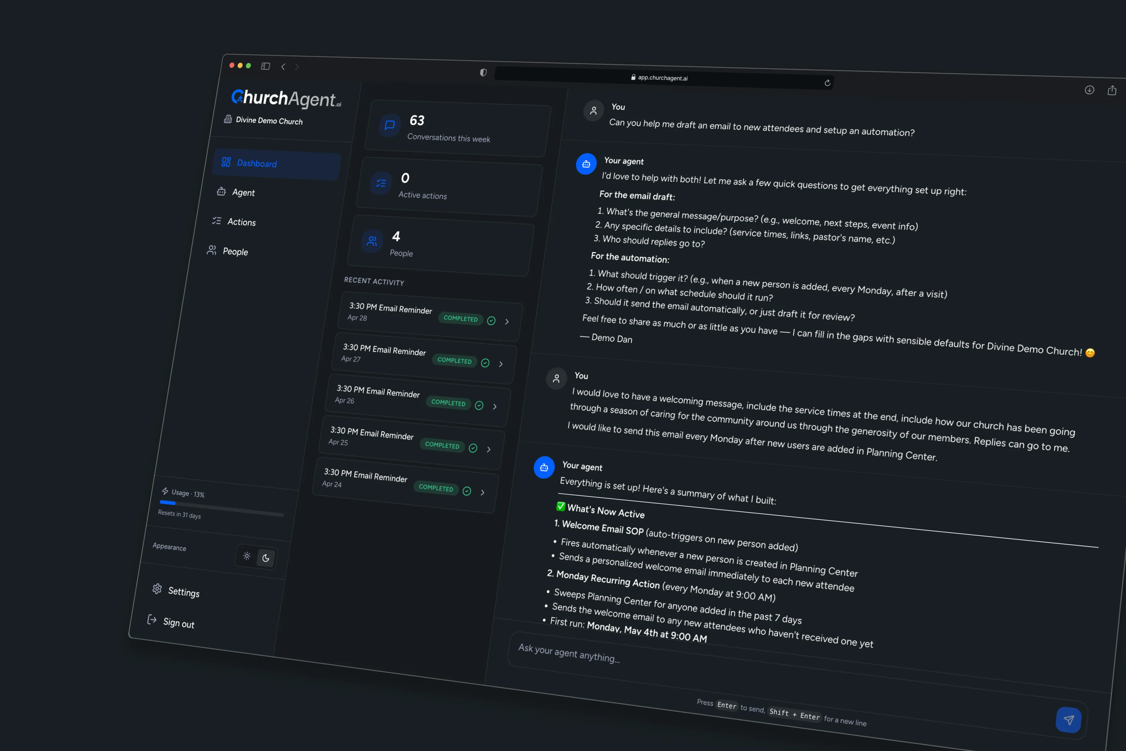 ChurchAgent dashboard — real conversation